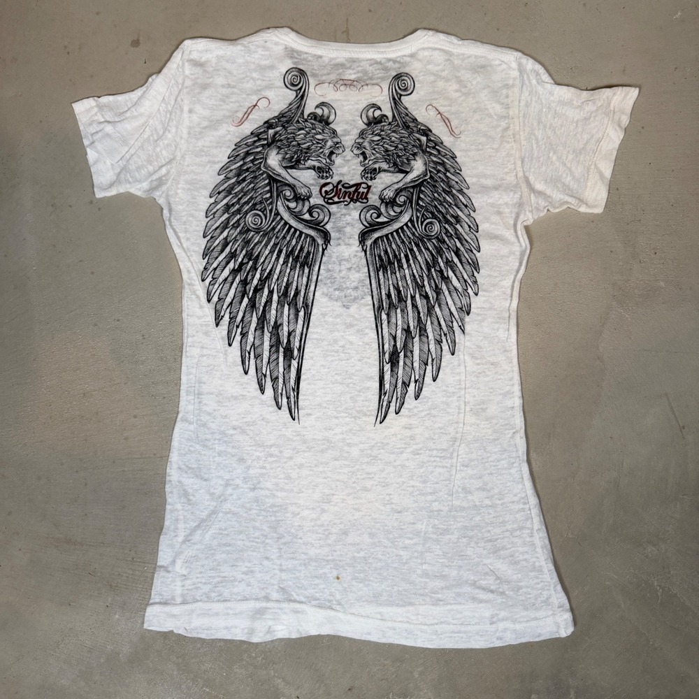 Sinful by Affliction Womens White Burnout Graphic T-Shirt Wings Crest Red Foil L - Picture 2 of 6